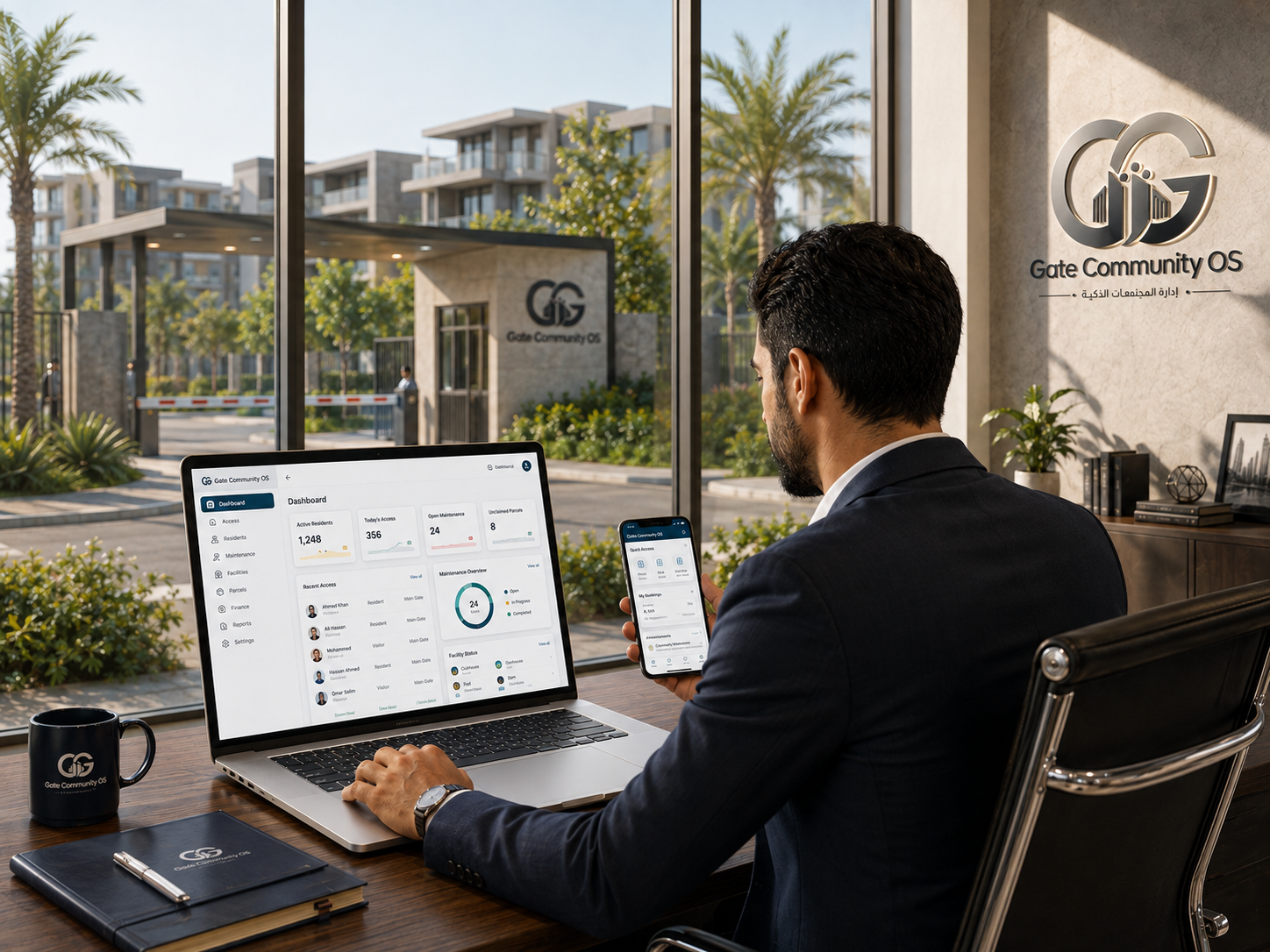 مشهد تشغيلي احترافي من زاوية جانبية يعكس منصة Gate Community OS دون إظهار ملامح الوجه بالكامل